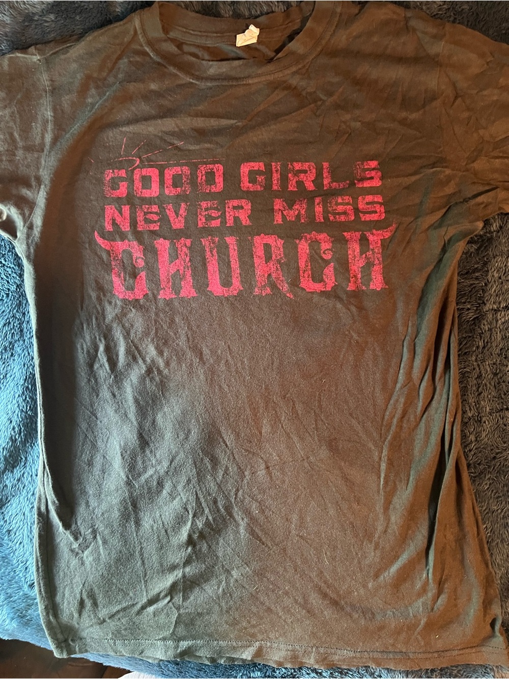 Eric Church Tee with Pink 'Good Girls Never Miss Church' Graphic Charcoal Women